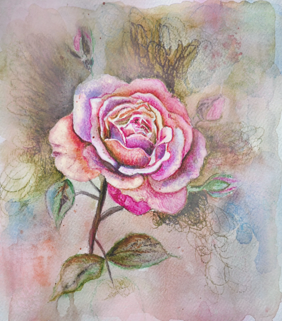 Vibrant watercolor painting of a large rose