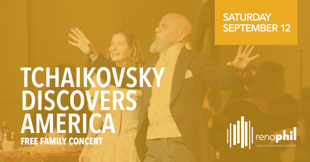 Yellow poster for Tchaikovsky Discovers America featuring actors in background
