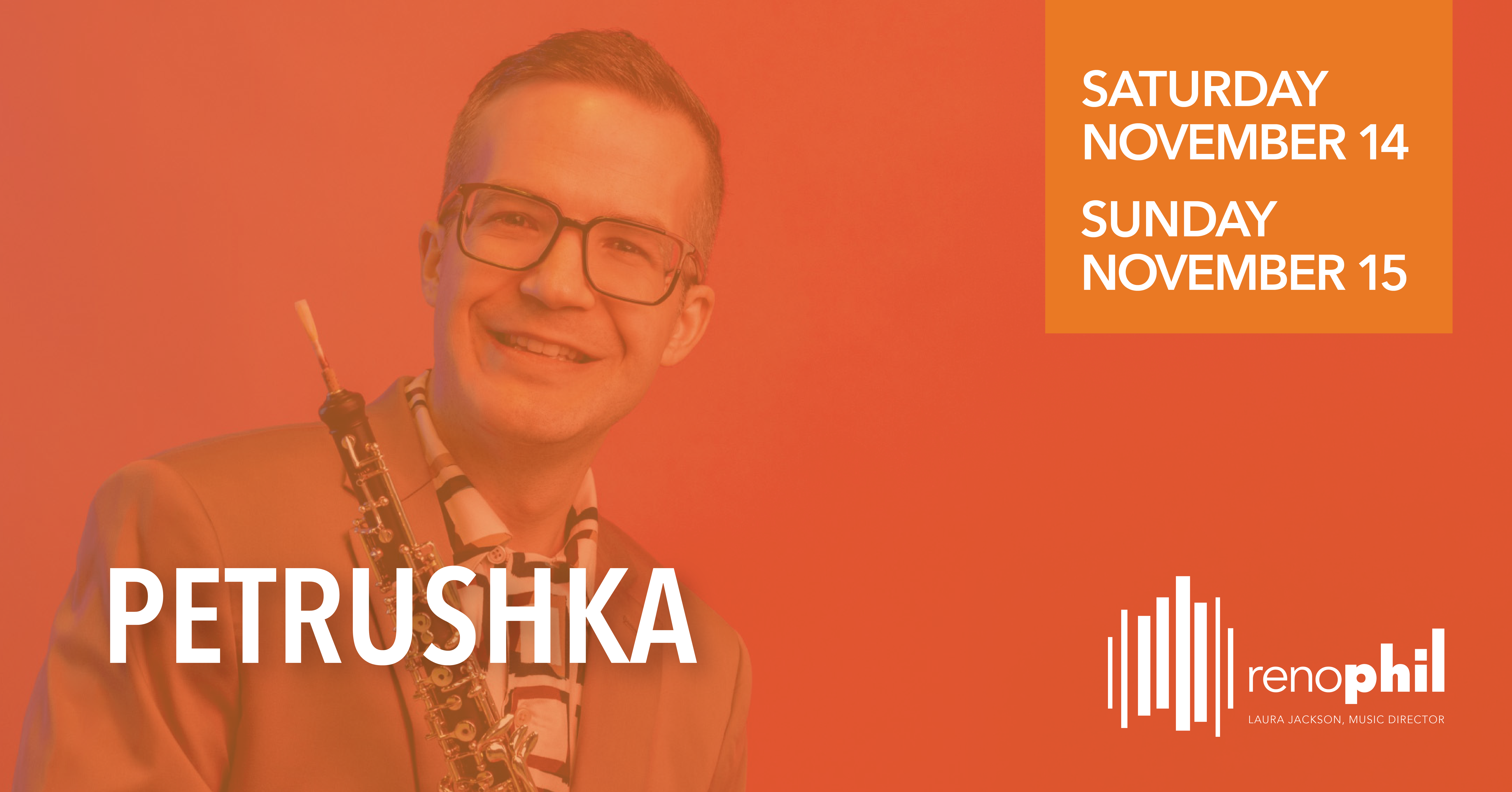 Orange poster advertising Reno Philharmonic's Petrushka concert featuring portrait of Timothy Gocklin