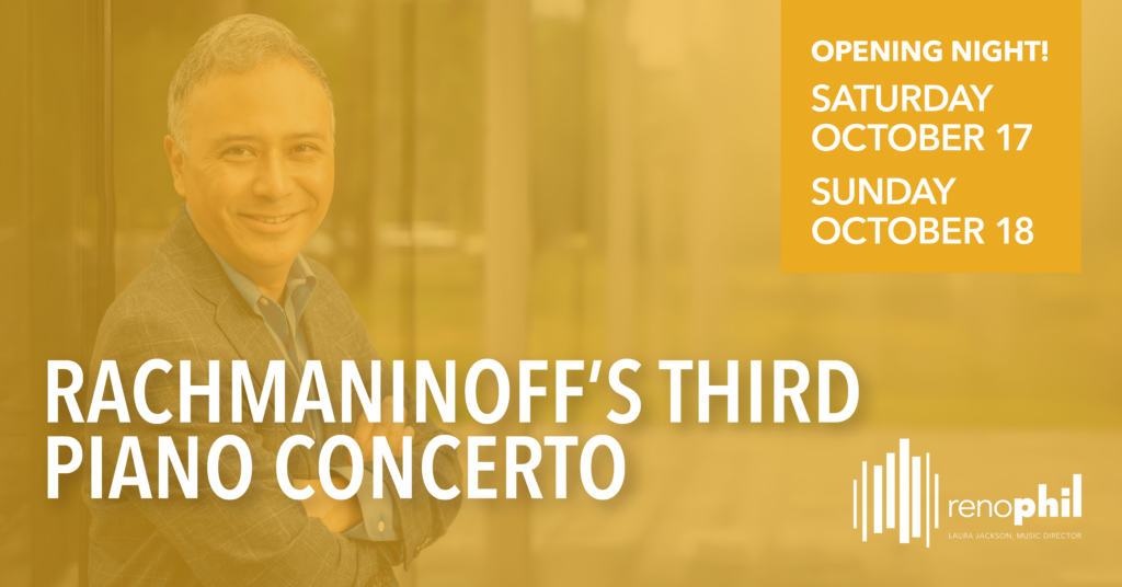 Yellow poster for Rachmaninoff's Third Piano Concerto featuring Jon Nakamatsu's portrait