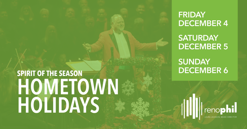 Green hometown holidays poster featuring conductor wearing a red suit