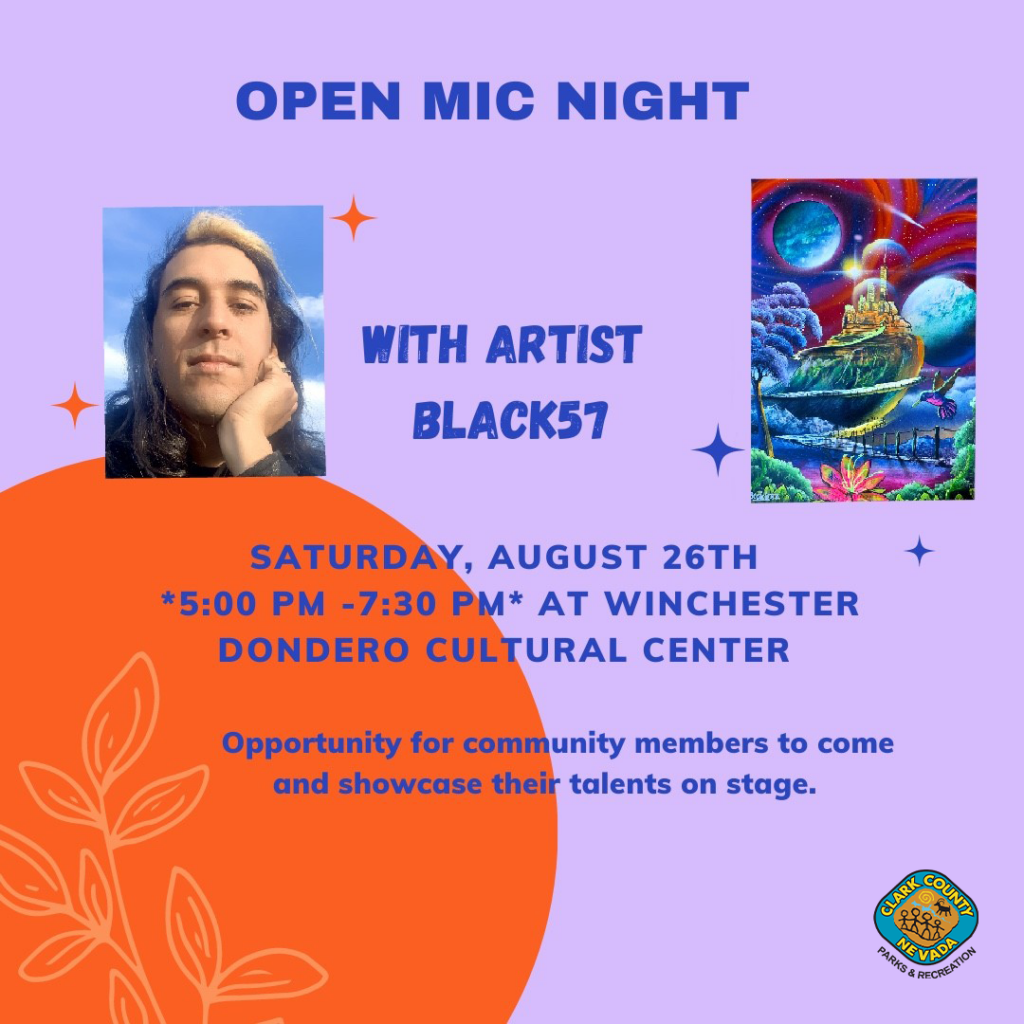 Open Mic Night flyer featuring artist Black57, event details for Saturday, August 26th, 5:00–7:30 PM at Winchester Dondero Cultural Center. Includes a portrait of the artist and colorful artwork.