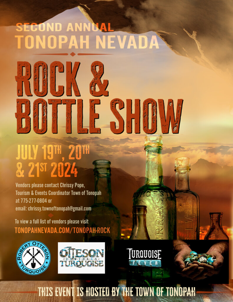 Poster for the Second Annual Tonopah Nevada Rock & Bottle Show, July 19-21, 2024. Features antique bottles, rocks, vendor info, and logos for Otteson Turquoise and Turquoise Fever against a rustic background.