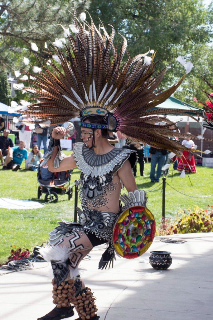 An Aztec dancer at the Reno Fiesta in 2018. Photo by Rebecca Snetselaar.