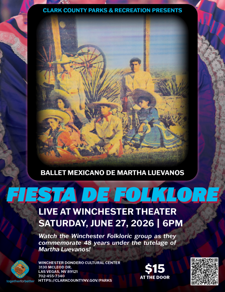 A vintage-style poster for Fiesta de Folklore features dancers in traditional colorful Mexican attire. Event details and cost are displayed alongside text promoting the Ballet Mexicano de Martha Luevanos.