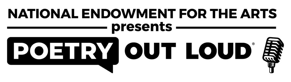 Logo with text: National Endowment for the Arts presents Poetry Out Loud with a speech bubble around Poetry and an old-fashioned microphone icon on the right.
