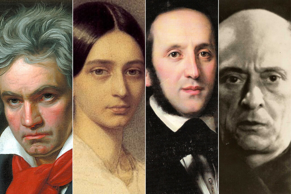 A composite image showing four classical composers in portrait style, each facing forward or slightly to the side, with varied expressions and period clothing.