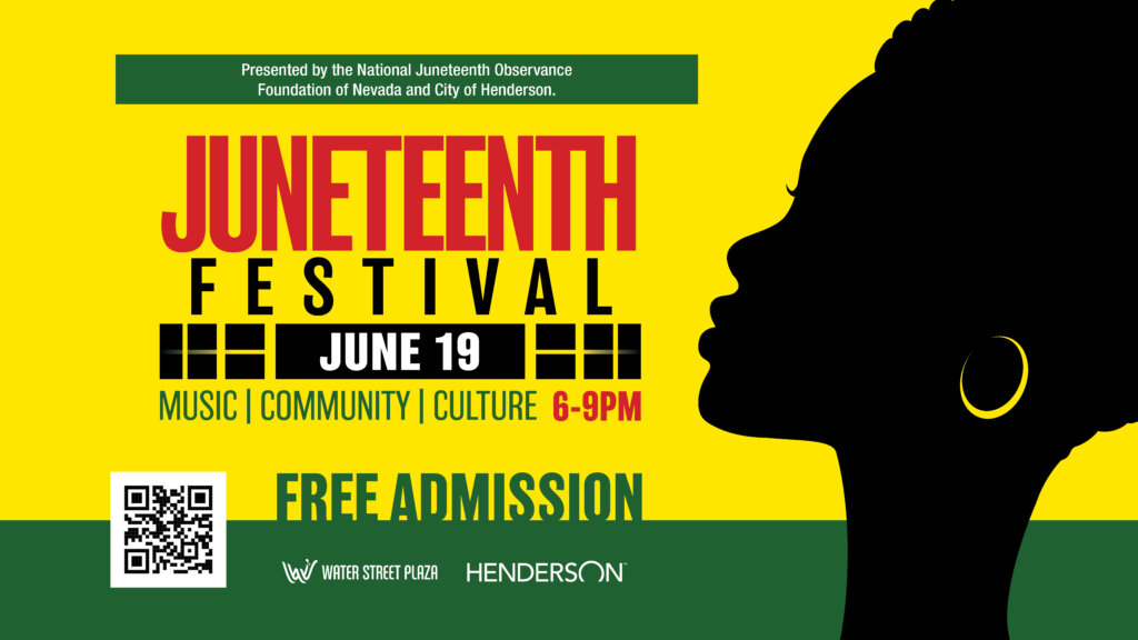 Yellow and green Juneteenth Festival flyer with a black silhouette of a woman’s profile, event details for June 19, 6-9pm, free admission, QR code, and logos for Water Street Plaza and Henderson.