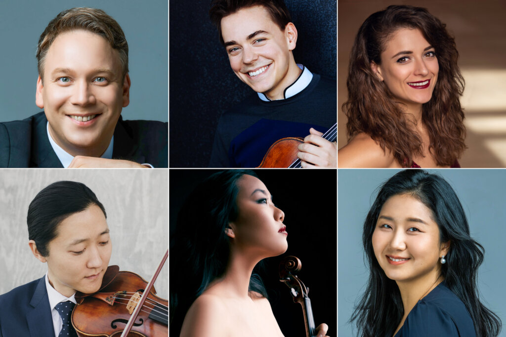 A collage of six professional headshots featuring three men and three women, some holding violins and all smiling or looking pleasant, against various plain or softly blurred backgrounds.