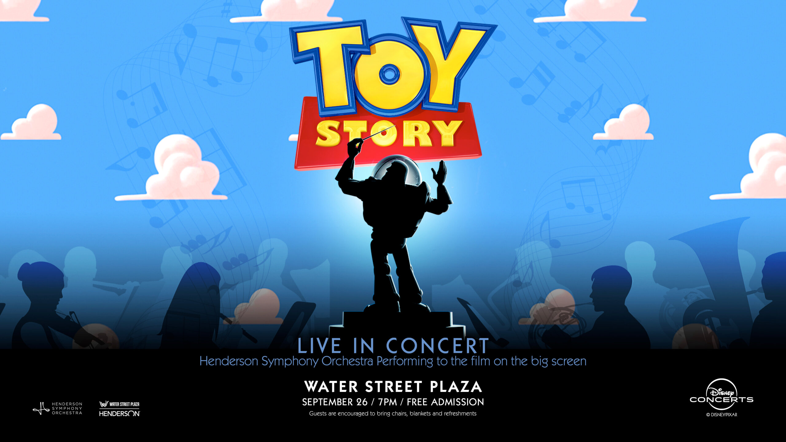 Toy Story Live in Concert with silhouette of Buzz Lightyear conducting an orchestra.