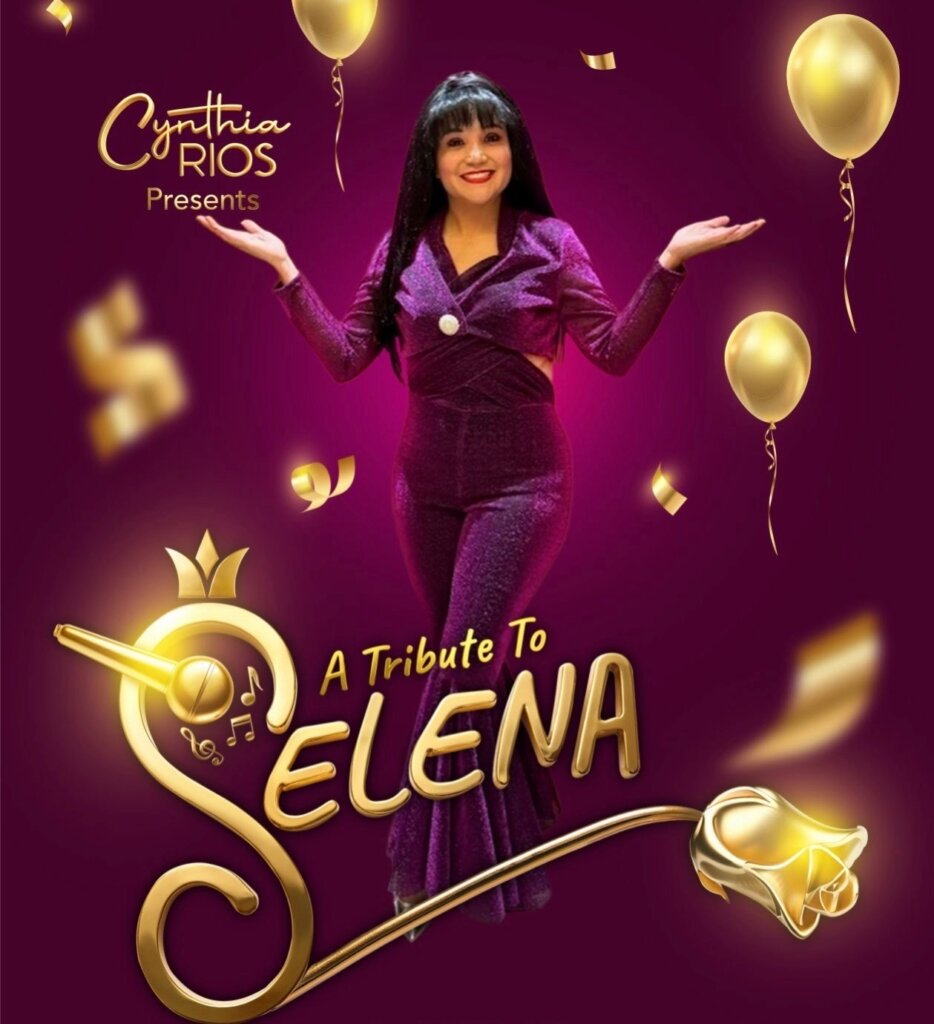 image of Selena look a like on an purple background with golden balloons. Entitle "A Tribute to Selena"
