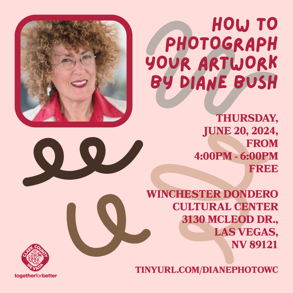 Event flyer with a photo of a smiling woman with curly hair and glasses. Text: How to Photograph Your Artwork by Diane Bush, event details, location, date, time, and a link for more info, with abstract scribble designs.
