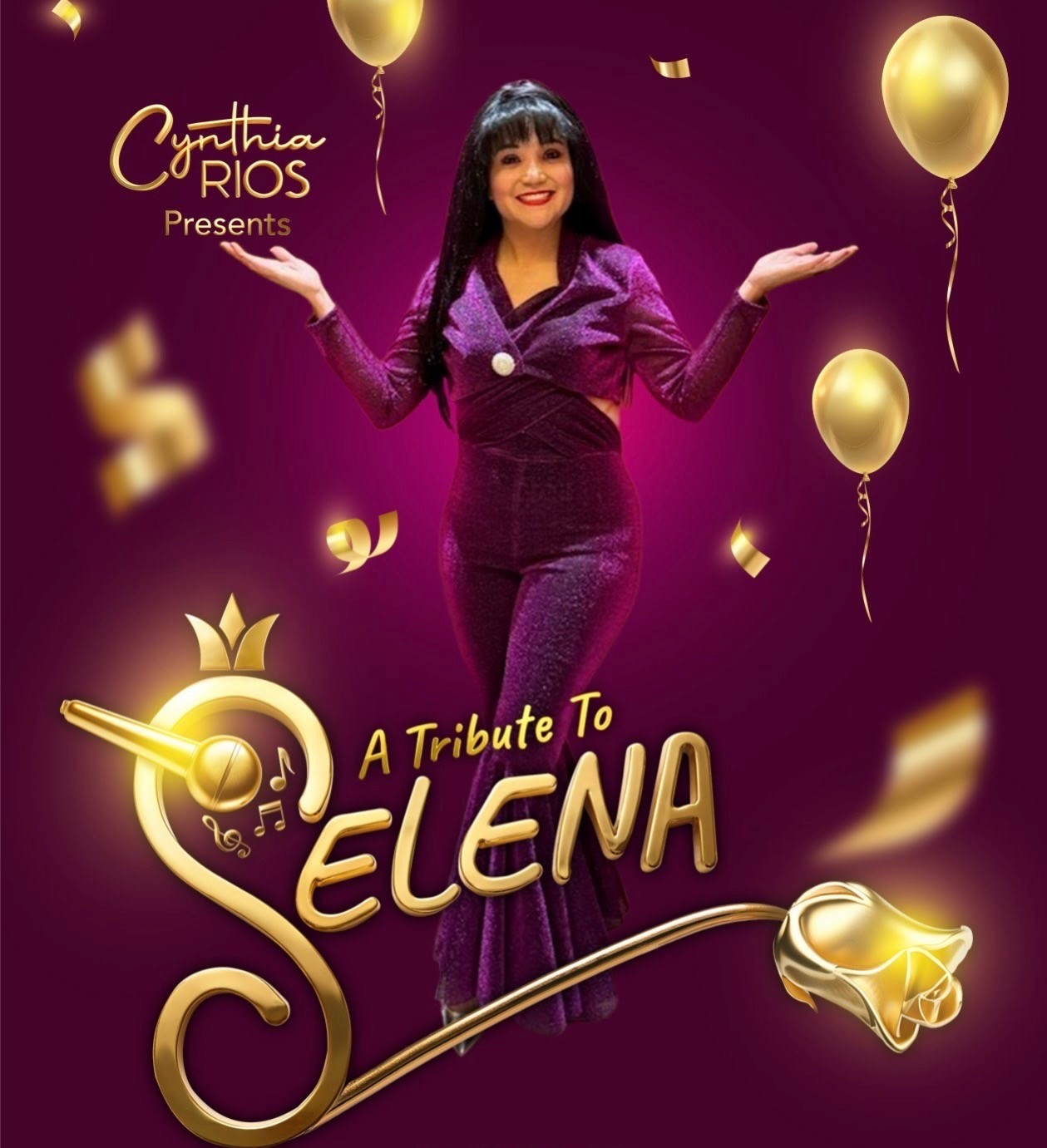 image of Selena look a like on an purple background with golden balloons. Entitle "A Tribute to Selena"