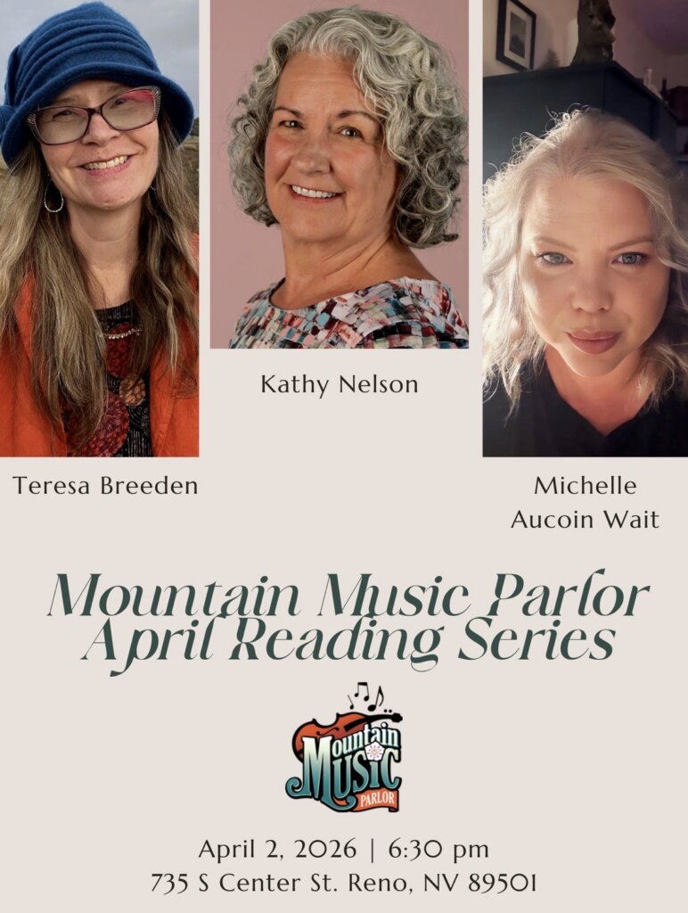 April 2nd poetry reading poster featuring portraits of 3 featured poets and the Mountain Music Parlor logo