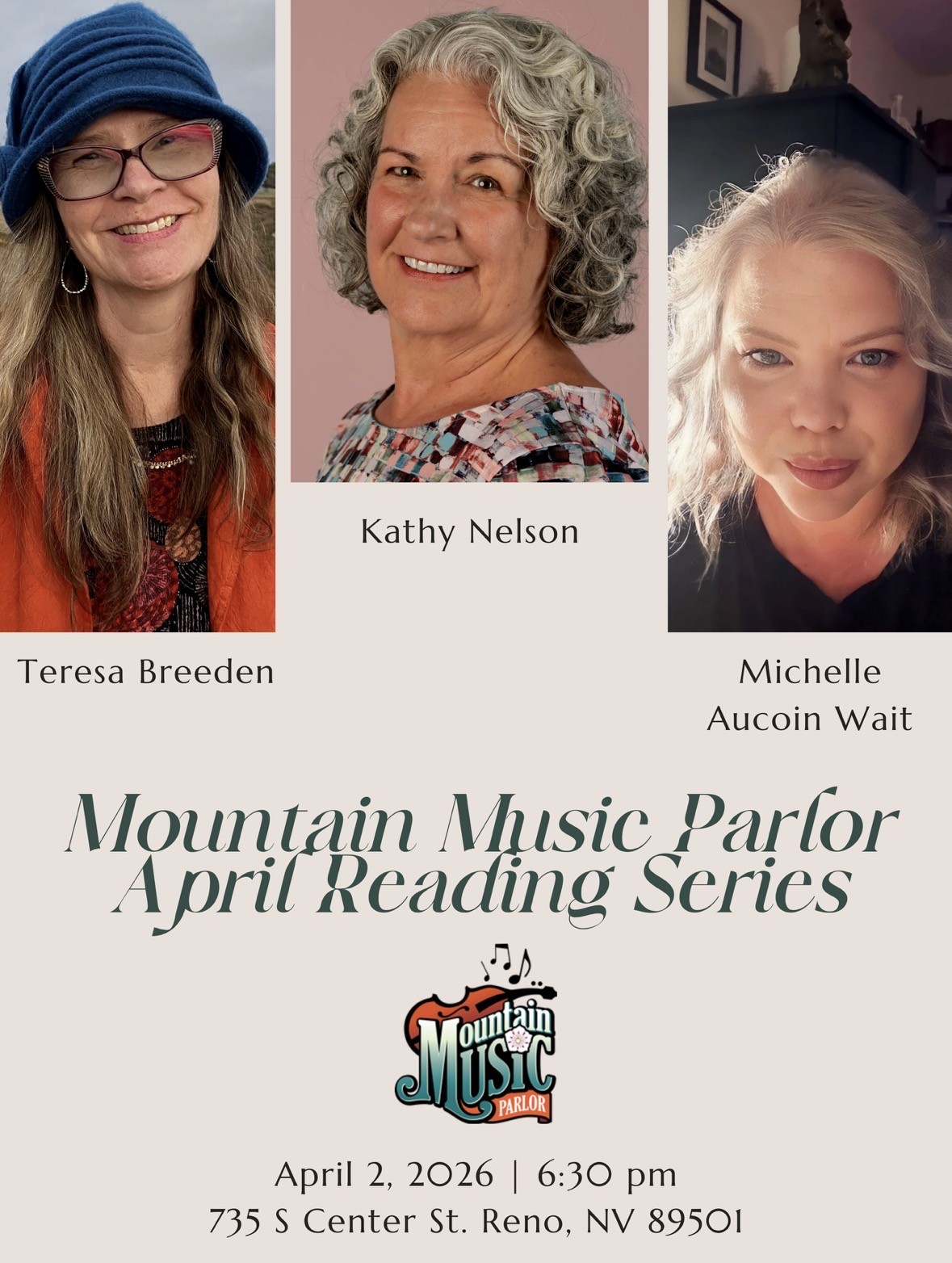 April 2nd poetry reading poster featuring portraits of 3 featured poets and the Mountain Music Parlor logo