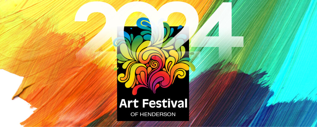 Colorful abstract art background with 2024 in large white text. In the center, a black box with vibrant floral design and white text reads Art Festival of Henderson.