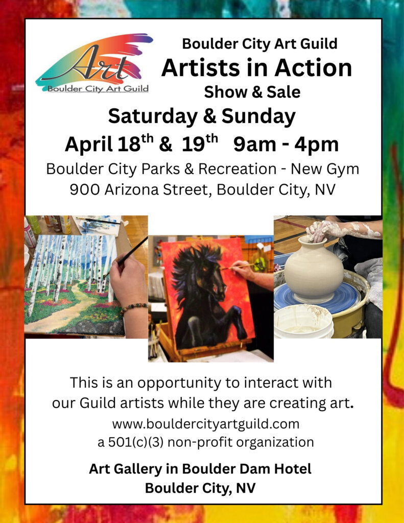 Boulder Artist In Action poster with event details and photos of painters and pottery makers at work.