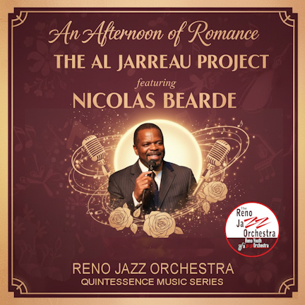 Reno Jazz Orchestra Hosts Mother's Day Concert Tribute to Al Jarreau event flyer as a vintage album cover