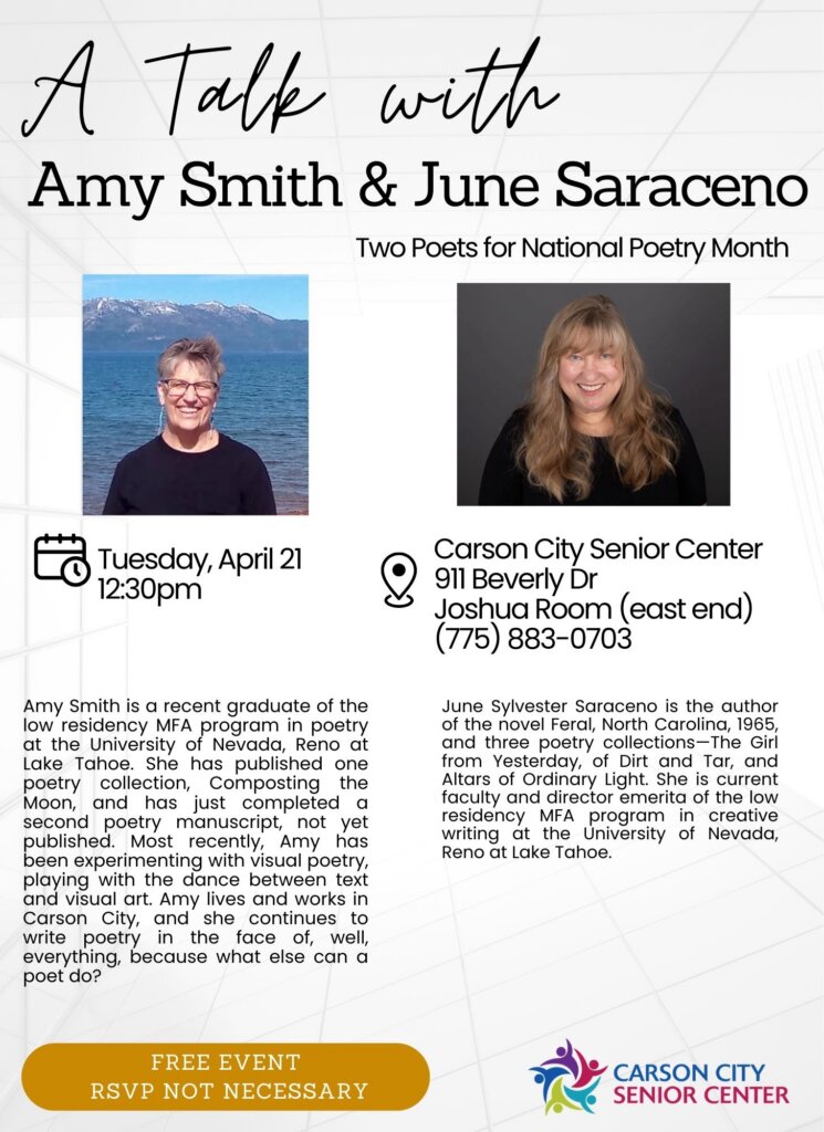 A Talk with Amy Smith & June Saraceno: Two Poets for National Poetry Month flyer
