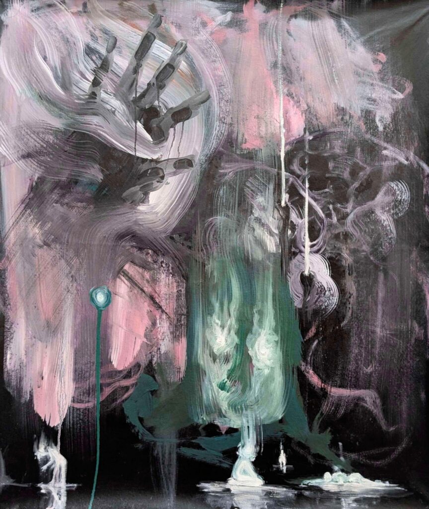 Abstract painting with swirling strokes of pink, white, and green on a dark background; a large handprint is visible on the left, with hazy, ghostly shapes and a line ending in a blue dot extending downwards.
