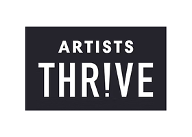 A black rectangular logo with the words ARTISTS THR!VE in white, using an exclamation point instead of the letter I in THRIVE, on a light gray background.