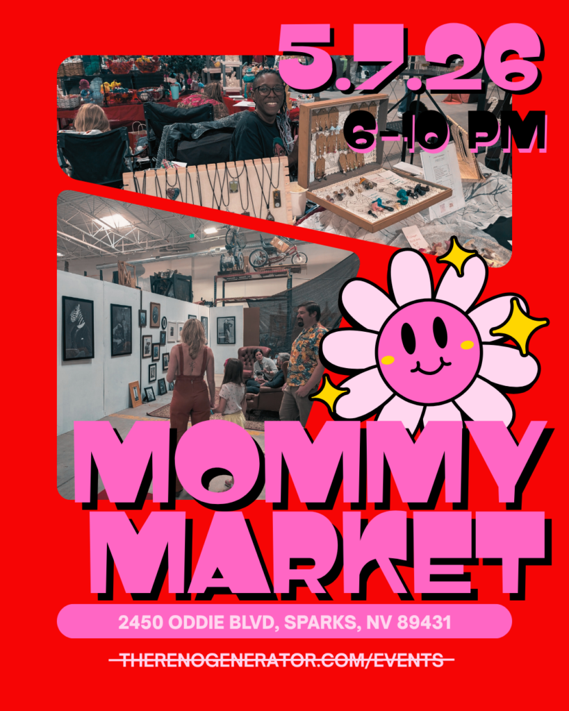 Event flyer for Mommy Market with event photos of vendors and shoppers and a smiling flower graphic.