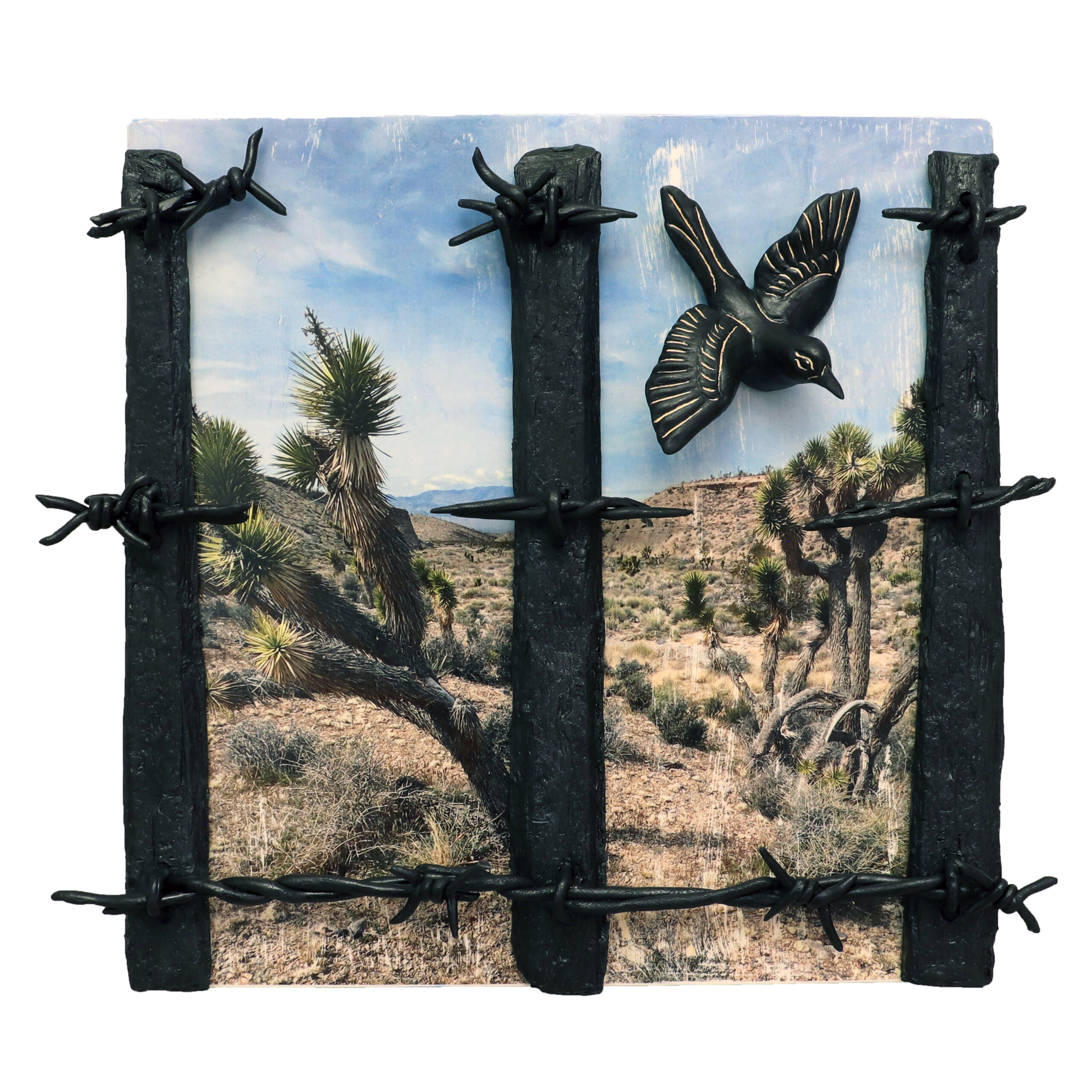 Beyond the Fence exhibit of Faded Memories-Twilight: Through a barb-wired fence a scenes of a bird flying in a high desert landscape