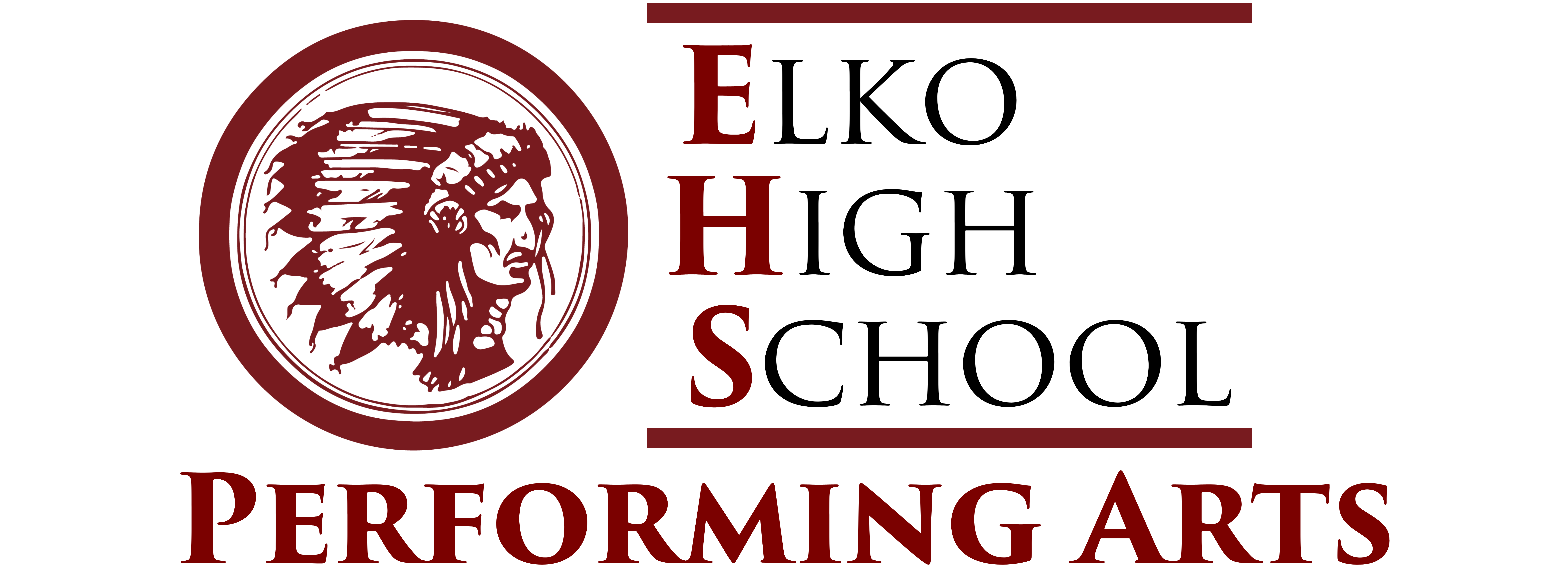 Logo for Elko High School Performing Arts, featuring a maroon outlined illustration of a Native American chief in a circle, and large maroon text reading EHS Elko High School Performing Arts.