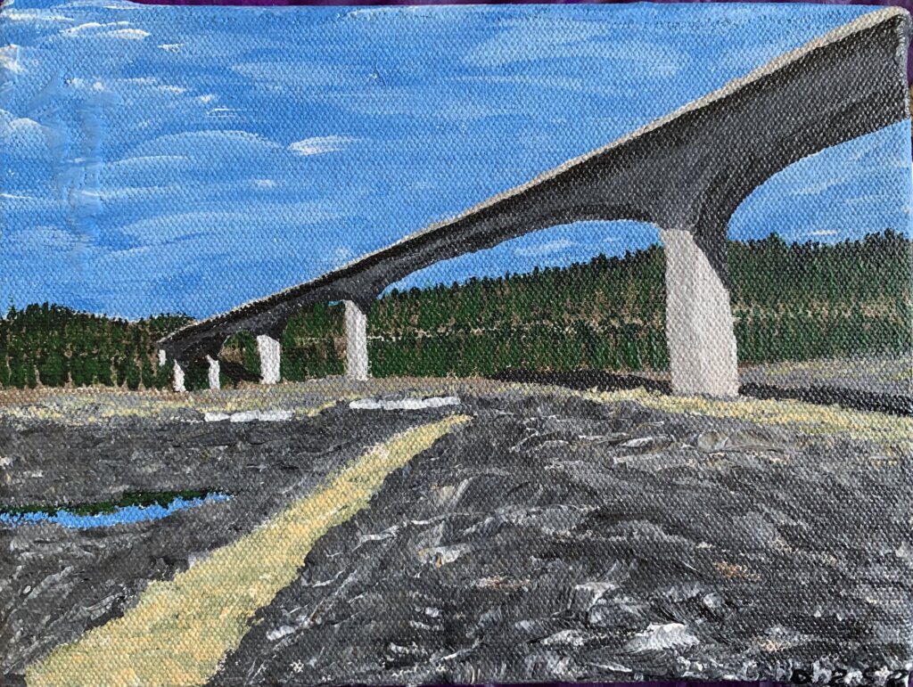 A painting of a long, elevated bridge with tall concrete supports stretching across a rocky terrain, with a blue sky and scattered clouds above and a forest in the background.