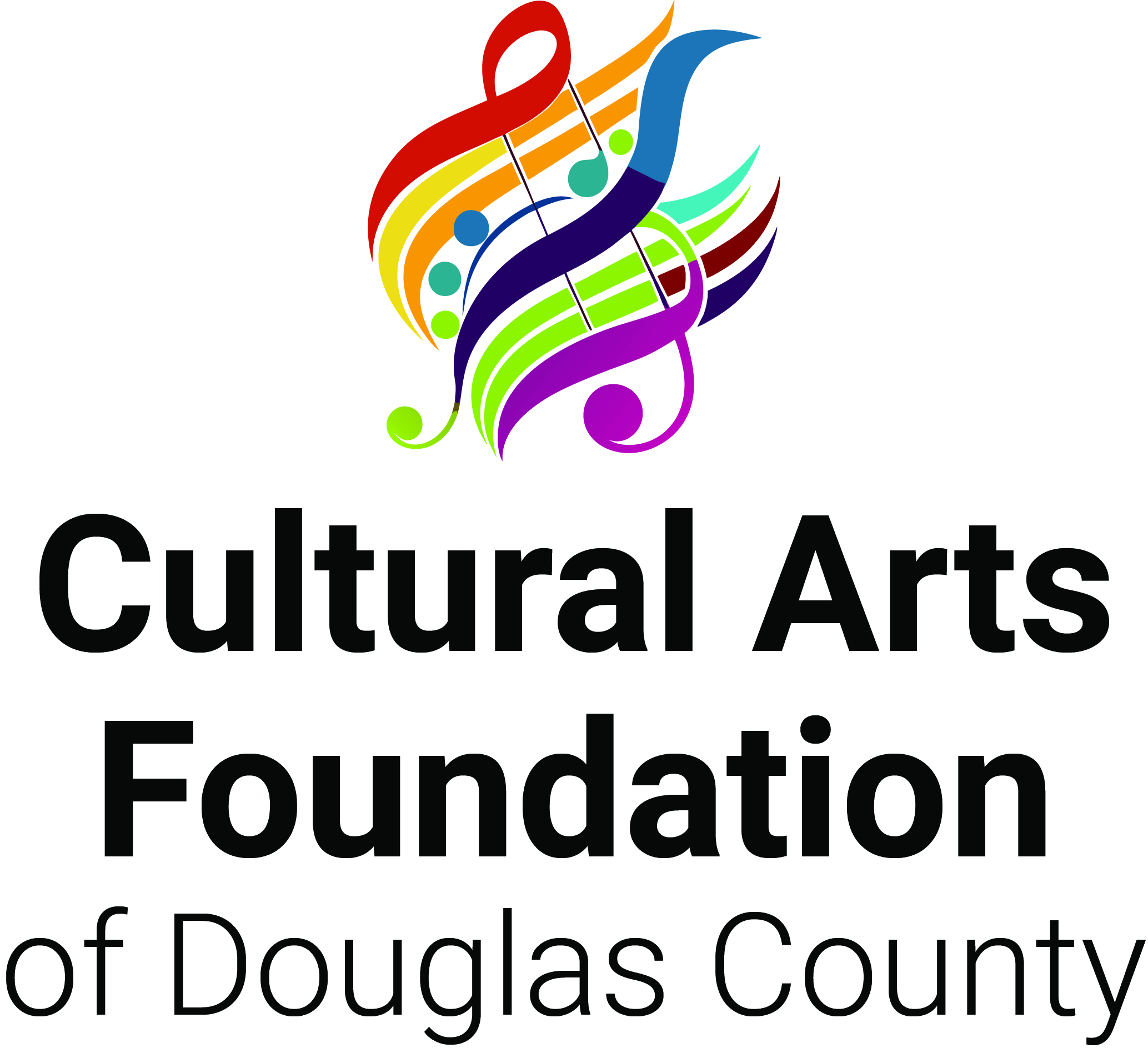 Logo for the Cultural Arts Foundation of Douglas County, featuring colorful musical notes and a treble clef forming a vibrant abstract design above the organizations name in bold black text.