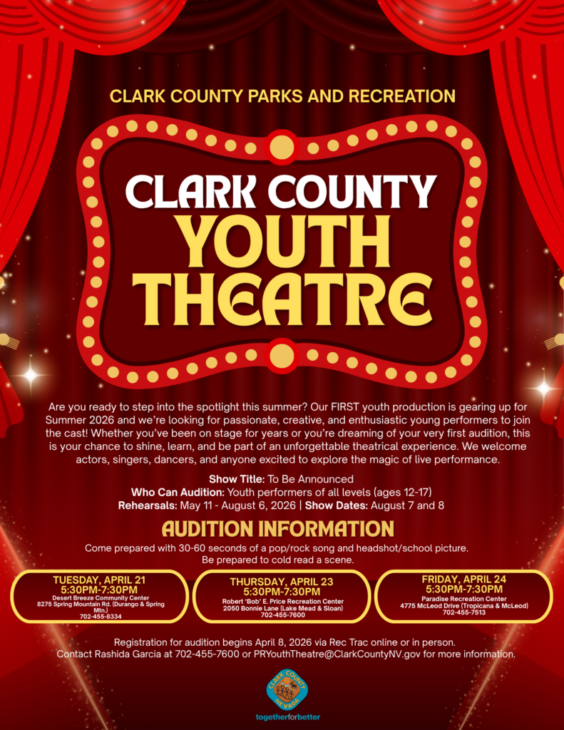 Colorful poster for Clark County Youth Theatre auditions, inviting ages 12-17 to try out for To Be Announced. Event dates, rehearsal info, and contact details are listed, with a showbiz-themed marquee design and decorative lights.
