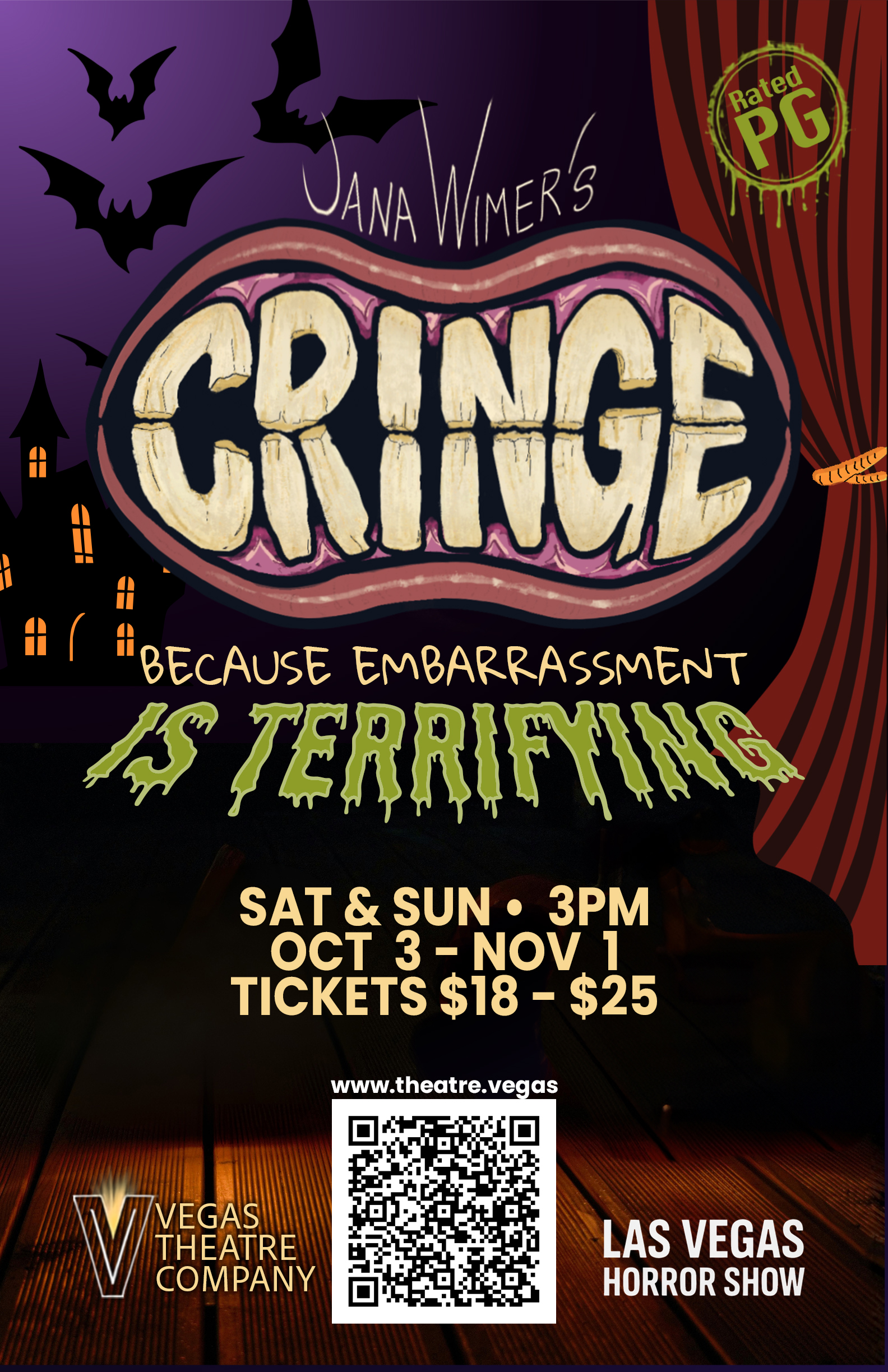 Poster for CRINGE, a Vegas Theatre Company horror show, rated PG, with bats, spooky decor, and ticket info. Shows on weekends, Oct 3–Nov 1, tickets $18–$25. Tagline: Because embarrassment is terrifying..