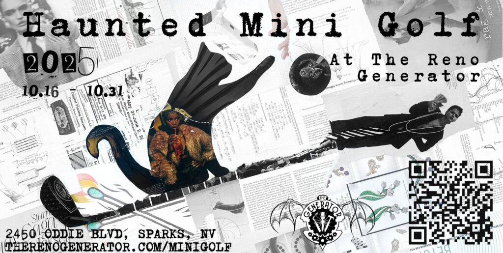 Text: Haunted Mini Golf 2025 by the Reno Generator.com/minigolf Collage image of a cat riding a putt-putt club.