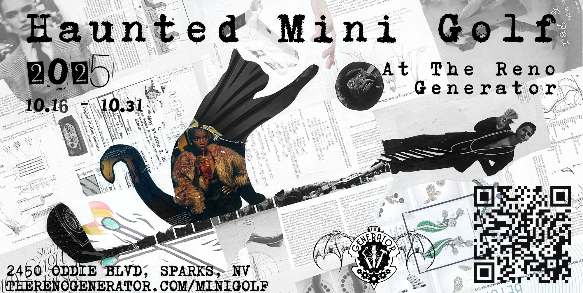 Text: Haunted Mini Golf 2025 by the Reno Generator.com/minigolf Collage image of a cat riding a putt-putt club.