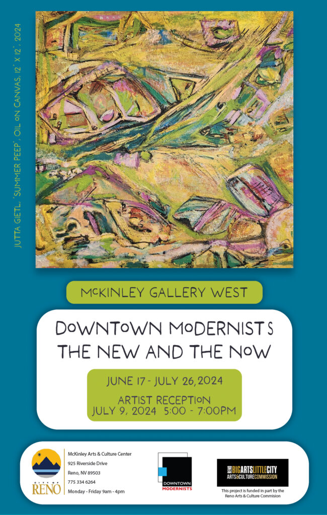Poster for “Downtown Modernists: The New and the Now” at McKinley Gallery West, June 17–July 26, 2024, with an artist reception on July 9, 2024. Features colorful abstract city painting and location details.
