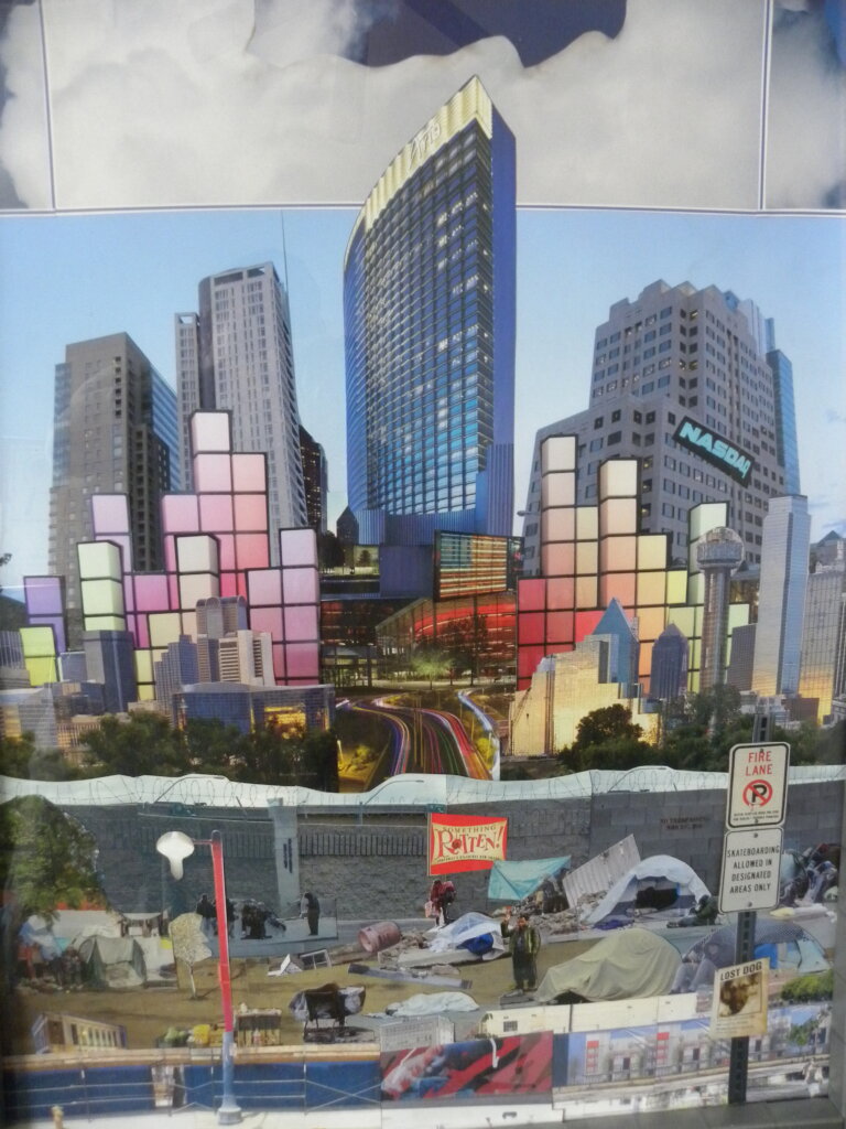 A collage shows colorful, blocky buildings among city skyscrapers above a scene of tents and makeshift shelters with scattered belongings and a No Parking sign on the street.