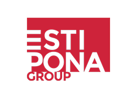 Logo for Estipona Group featuring bold white text ESTIPONA GROUP against a solid red rectangle background. The letters ESTI have horizontal lines extending from the left, forming an abstract design.