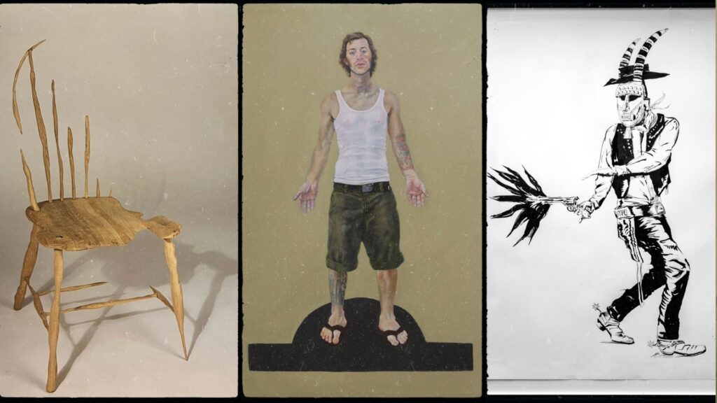 A three-panel image: left, a broken wooden chair with jagged edges; center, a painted man in casual clothes stands with arms open; right, a black-and-white drawing of a figure firing a gun, wearing a feathered hat.