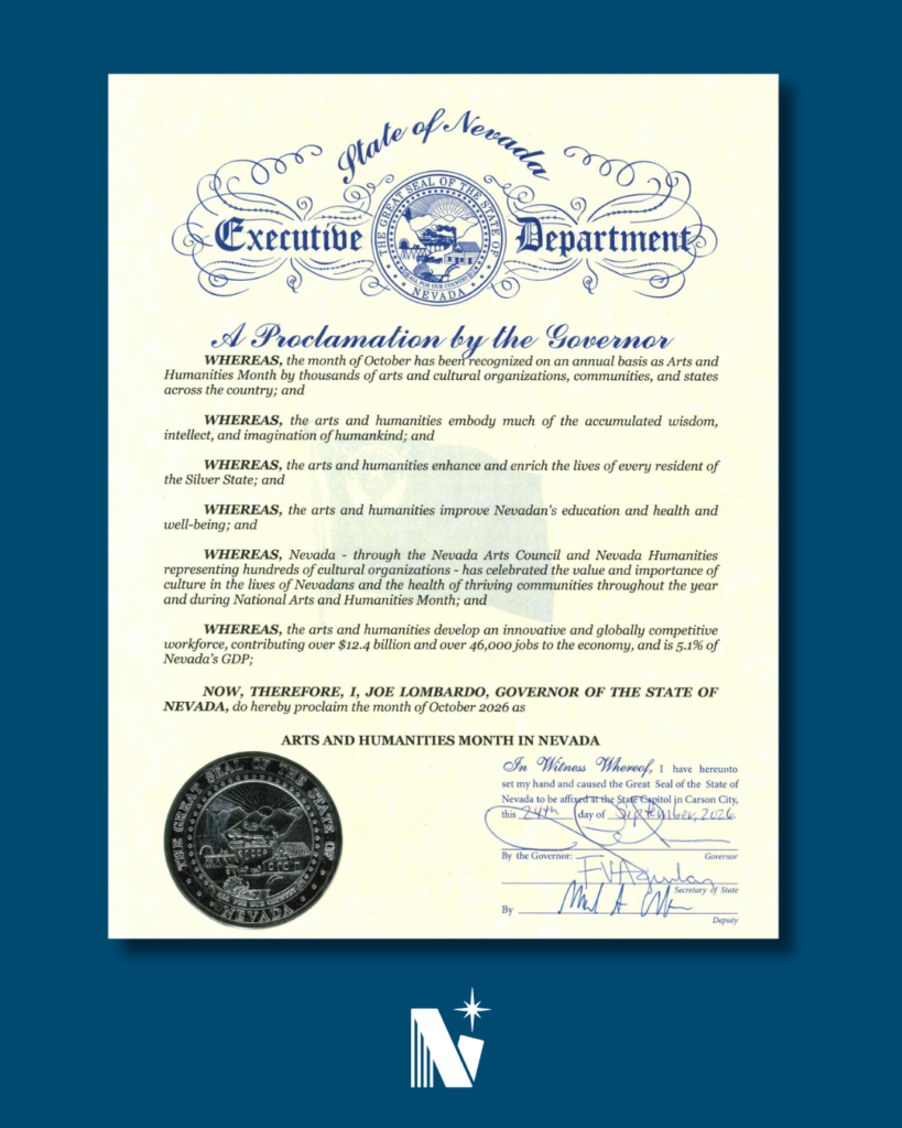 A proclamation from the Governor of Nevada declaring October 2026 as Arts and Humanities Month, featuring the state seal, official text, and the signature of Governor Joe Lombardo.