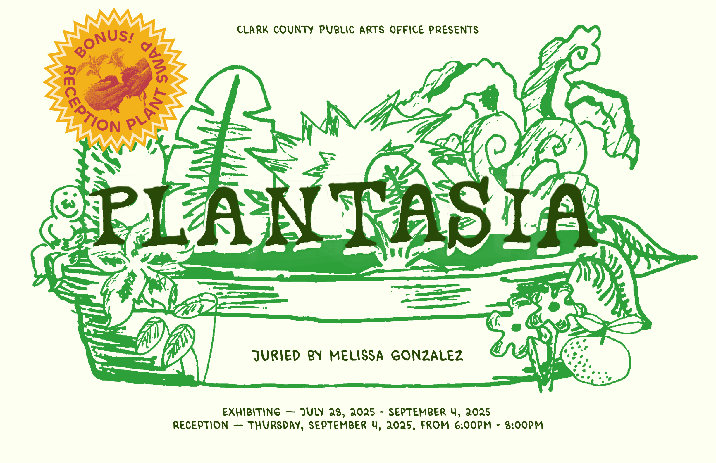 Plantasia: Juried by Melissa Gonzalez on a old-fashioned looking seed packet looking postcard