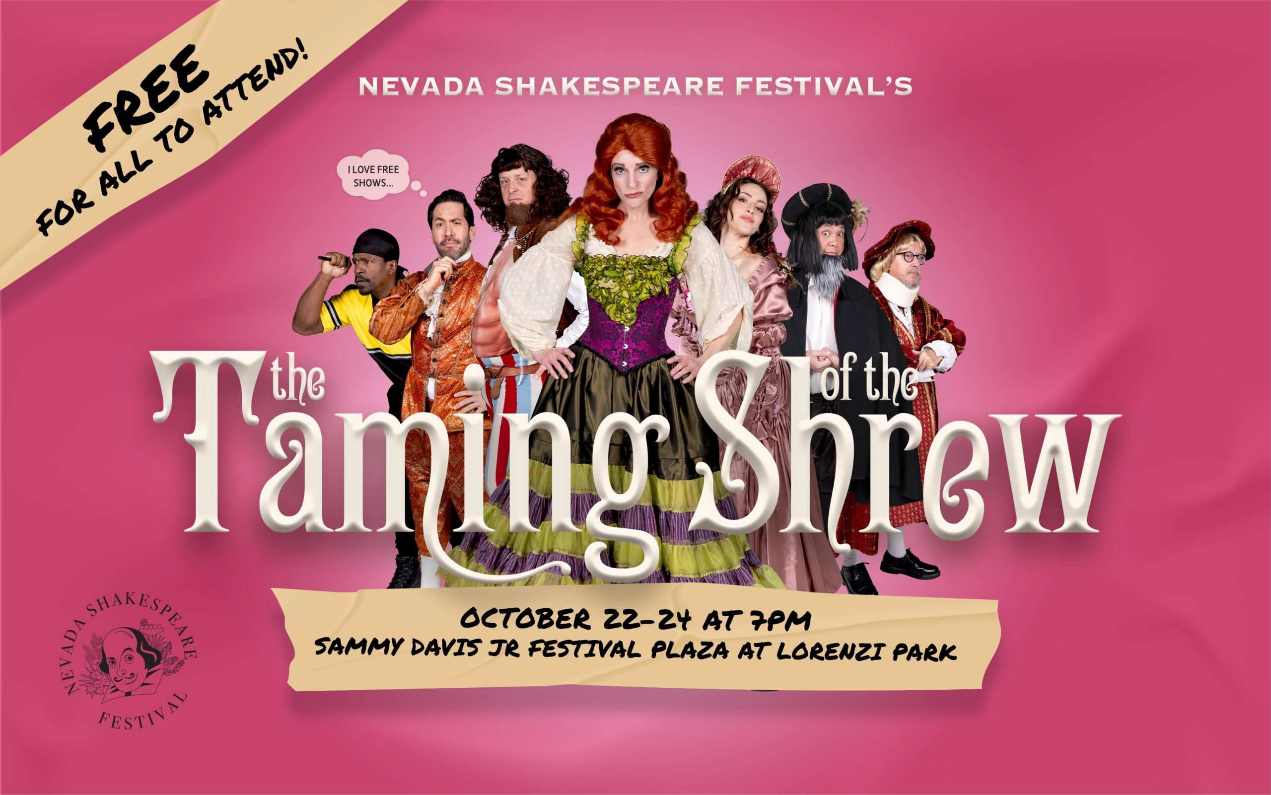 Seven people in colorful Renaissance costumes pose on a pink background. Text: The Taming of the Shrew, Oct 22-24, 7 PM, Sammy Davis Jr Festival Plaza, free to attend, Nevada Shakespeare Festival.
