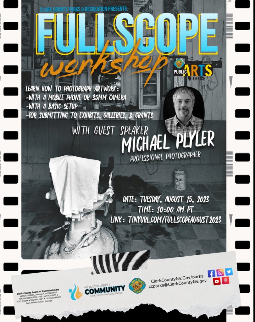 Flyer for FULLSCOPE workshop: Arts Public Office featuring guest speaker Michael Plyler, a professional photographer. Details include date, August 15, 2023, time, 10 AM, and topics on photographing artwork.