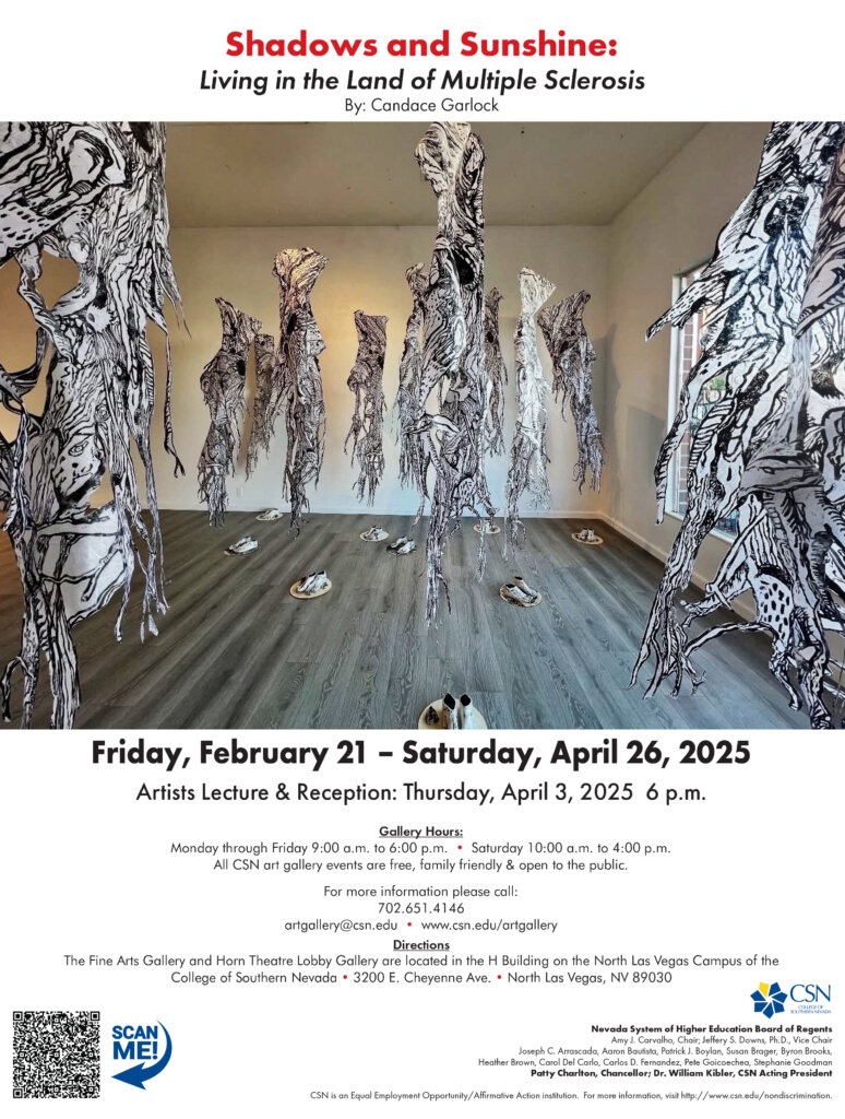 Art installation of tall, abstract, black-and-white standing figures in a gallery room with wood floors. Event details for Shadows and Sunshine: Living in the Land of Multiple Sclerosis are displayed above and below the image.