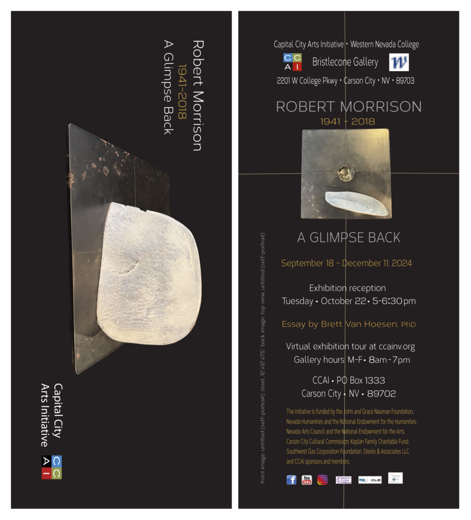 Two posters for Robert Morrison: A Glimpse Back exhibit show abstract sculpture with a textured white half-circle on a dark slab. Details include dates, venue, essay author, and event information in white text on a dark background.