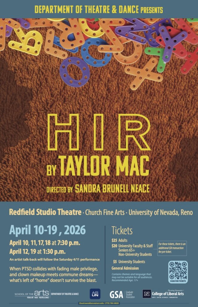 Poster of HIR by Taylor Mac featuring yellow lettering and a pile of children's alphabet toys.