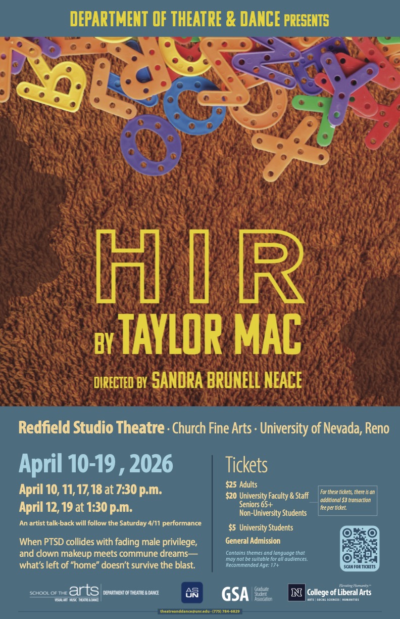 Poster of HIR by Taylor Mac featuring yellow lettering and a pile of children's alphabet toys.