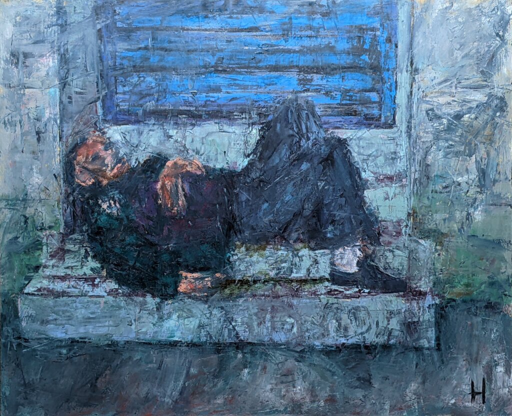 Painting of a homeless person laying on a bench by Higgins