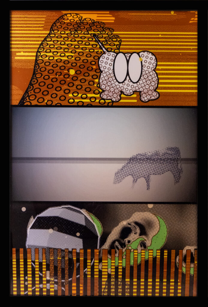 A three-panel abstract artwork featuring cartoonish, dotted shapes: the top has an orange patterned blob with big eyes, the middle a dotted animal silhouette, and the bottom geometric shapes with orange stripes.