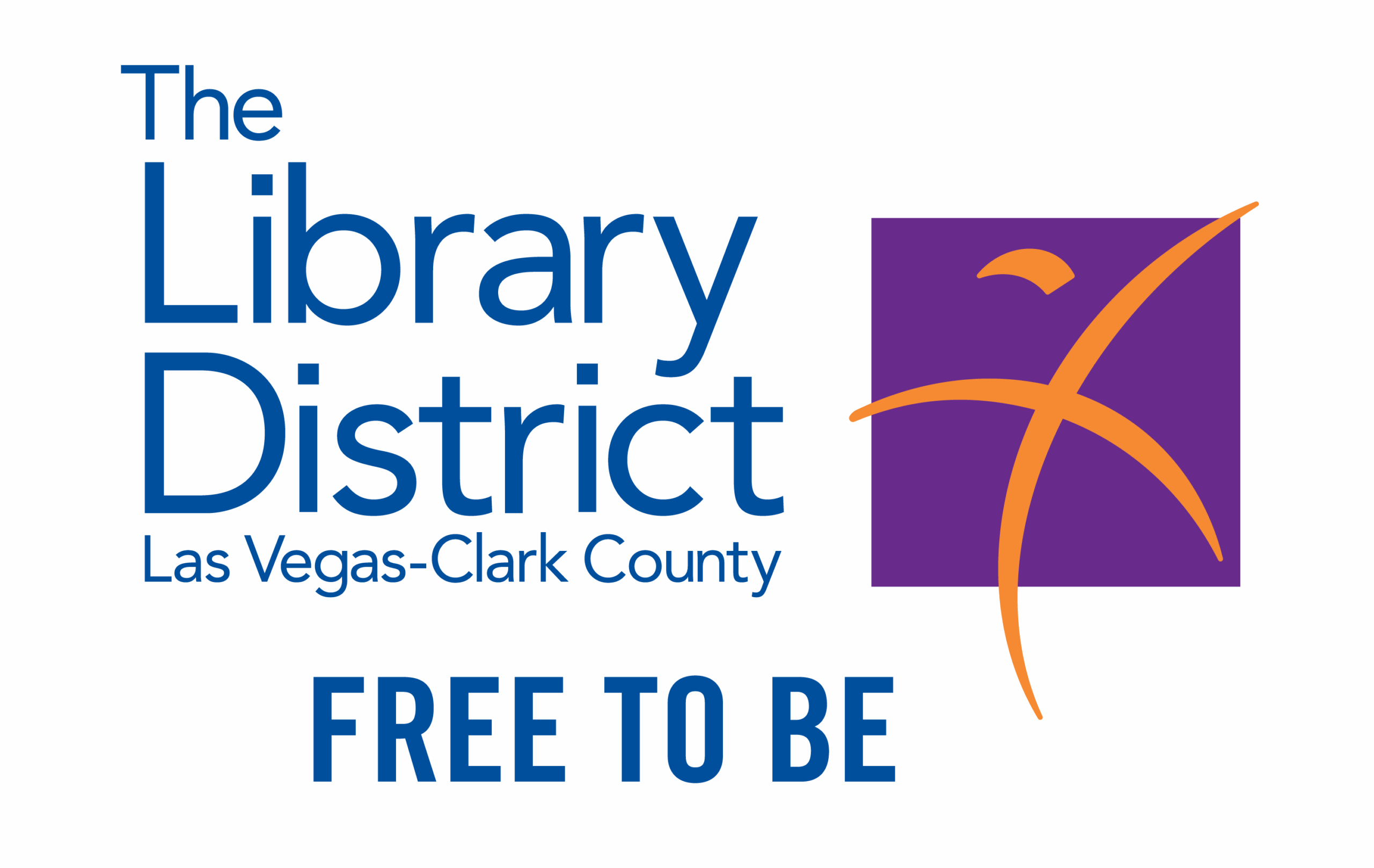 Logo for The Library District Las Vegas-Clark County, featuring blue text and a purple square with an orange abstract figure, and the phrase FREE TO BE in bold blue letters below.