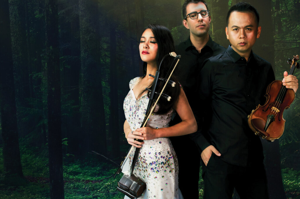 Three musicians stand in a dark forest. The woman in front wears a white, sequined dress and holds a string instrument. Two men in black stand behind her, one holding a violin. All have serious expressions.